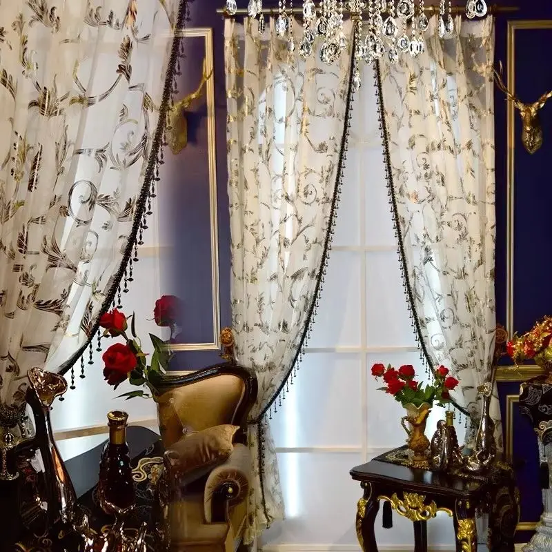 Custom Size American Fashion Atmospheric Black Base Gold-plated Velvet Cloth White Tulle Curtains for Living Dining Room Bedroom