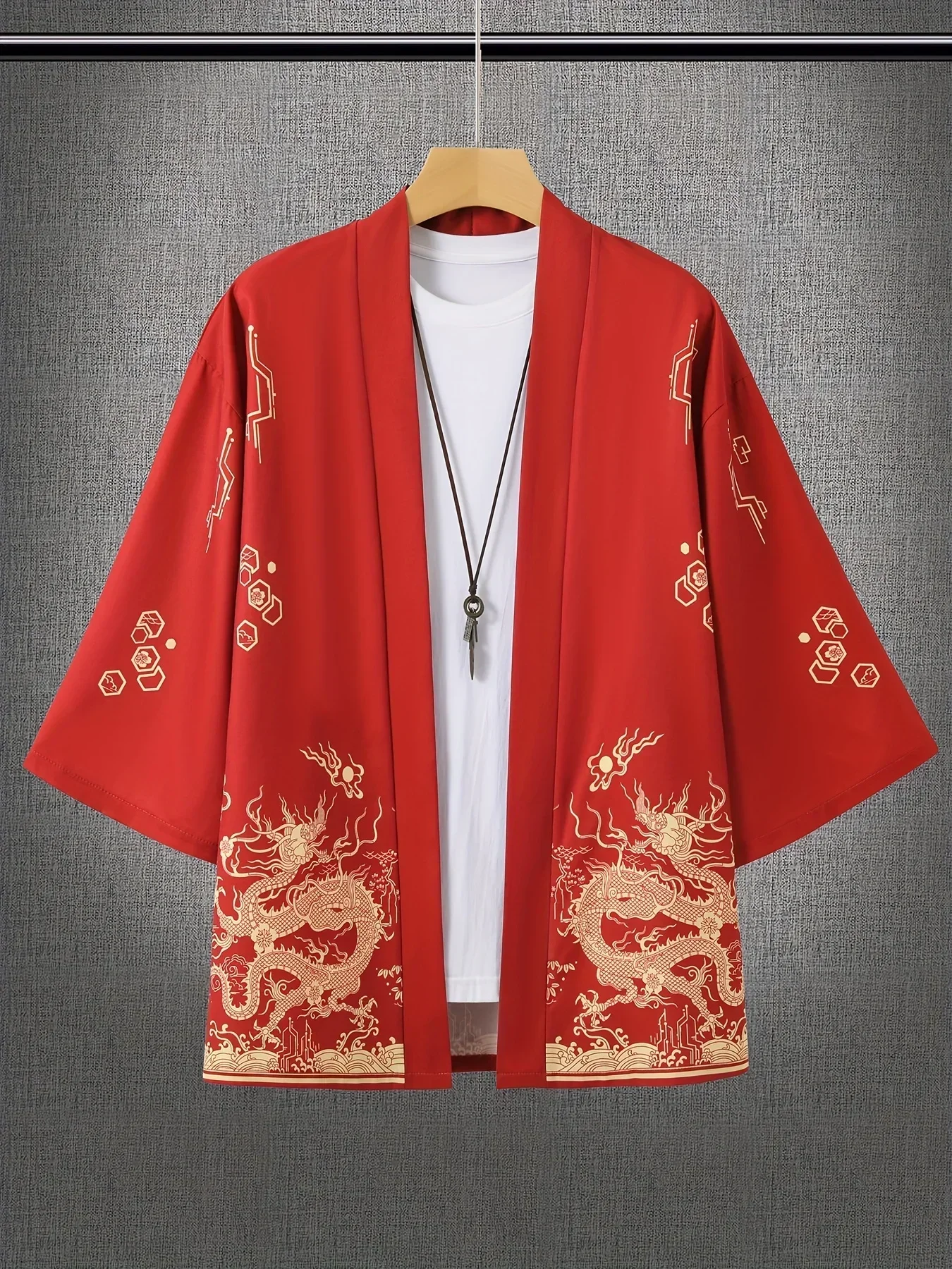 Men Open Front Haori Kimono Cardigan 3D Print Golden Dragon Cloud Wave Art Pattern Polyester Loose Short Sleeve Outerwear