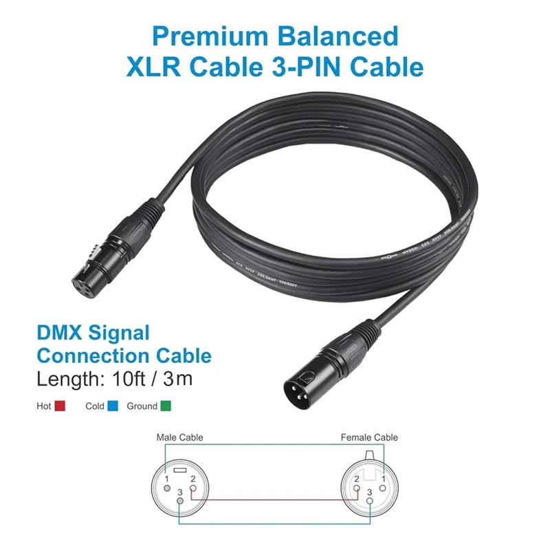 AT51-DMX كابل 10Ft ، 4 قطعة كابلات DMX 3Pin إشارة XLR ذكر إلى أنثى DMX سلك كابل لنقل الإشارة لإضاءة المسرح