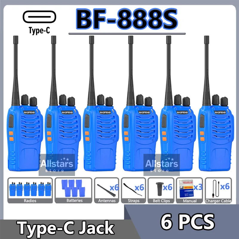 

6pcs Baofeng BF-888S Walkie Talkie Type-C Charge UHF 5KM Long Range Clear Voice Quality BF888S 16CH Mini Two Way Radio Kids Gift