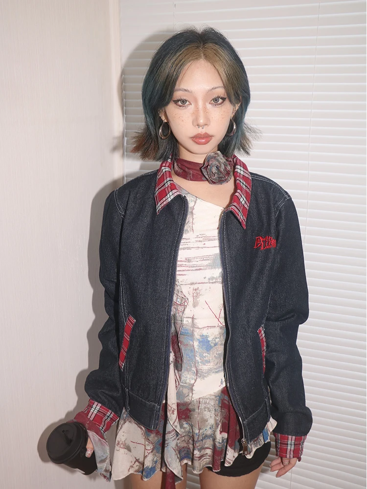 

Swag American Retro Plaid Collar INS High Street Spicy Blue Jeans ort Jaet Women's Loose Fit Regular Sve Long Zipper