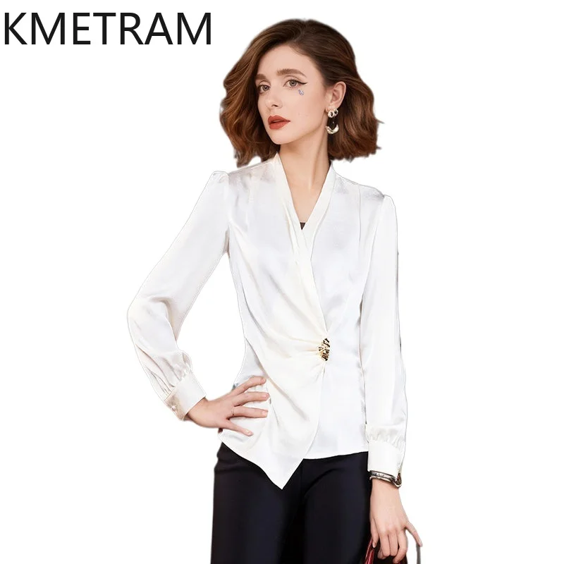 

KMETRAM Spring Tops for Woman Elegant V-Neck Blouse Long Sleeve Ruched Waist Office Shirt High Quality Women Clothes 2026 блузка