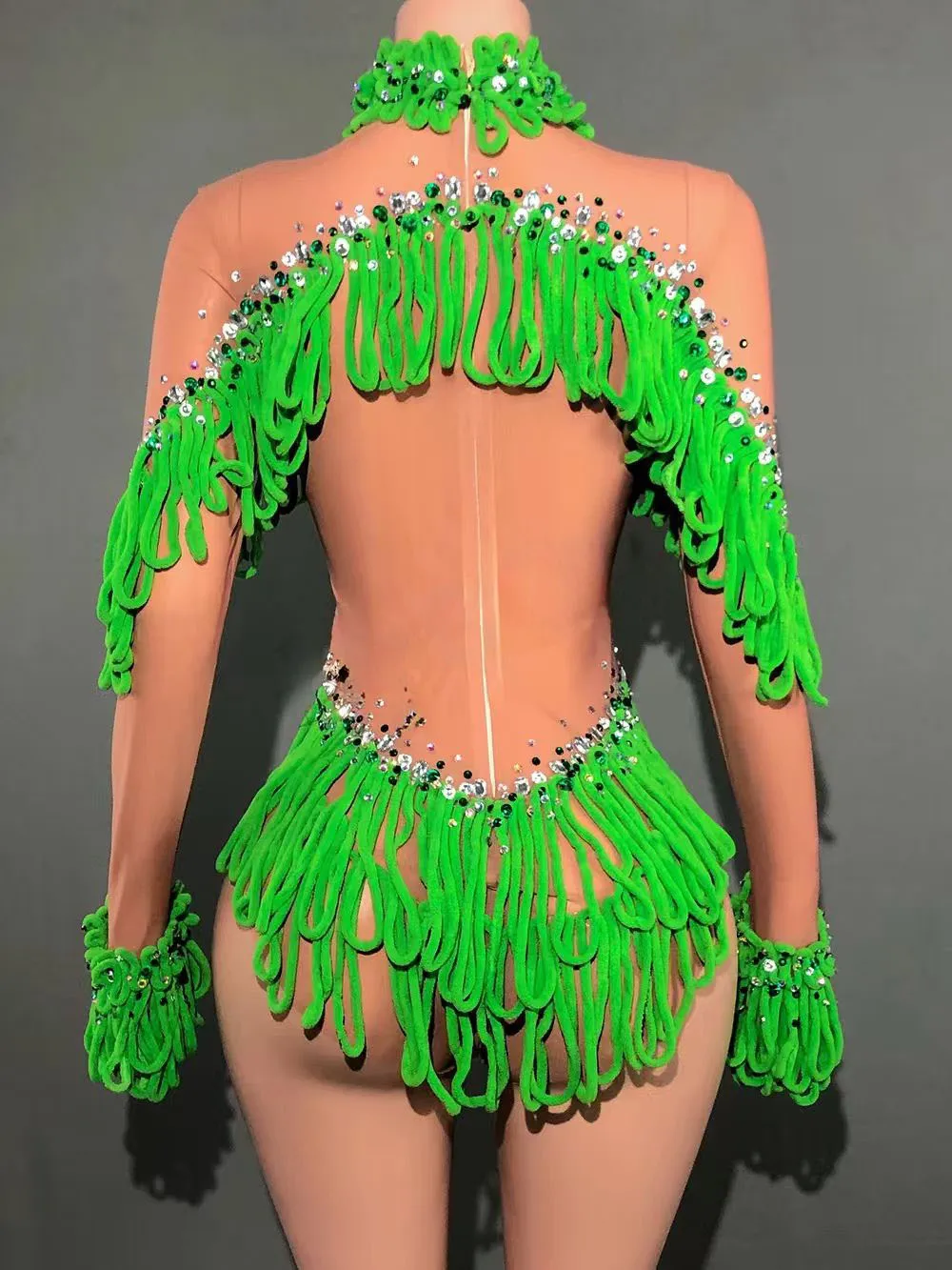 بدلة للجسم بشراشيب من حجر الراين اللامع للنساء، أكمام طويلة، شبكة مثيرة، شفافة، زي رقص الأداء، ملابس المسرح