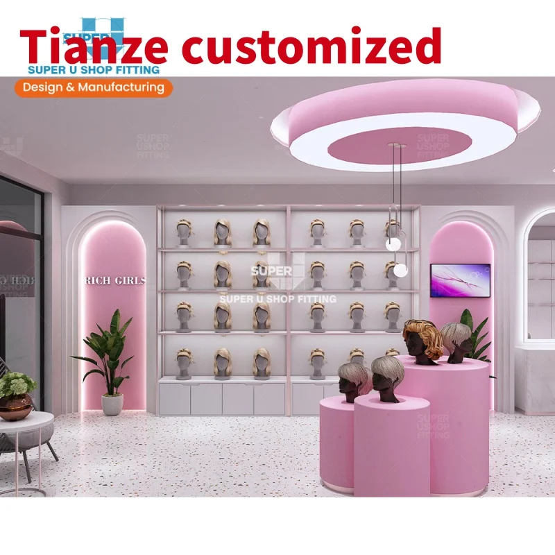 (Customized) custom stainless steel salon display shelf human hair extensions display furniture trendy pink wig shop interi