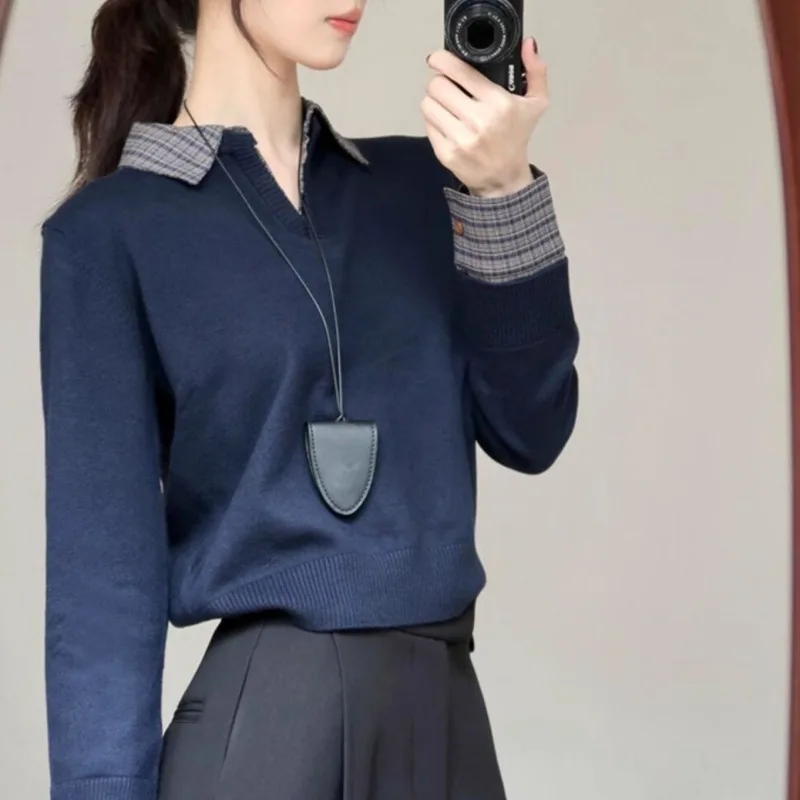 

Long Sleeve Turn-down Collar Sweater Spring Autumn Fashion Casual Elegant Blue Polo Neck Knitted Base Shirt Women's Short Sleeve
