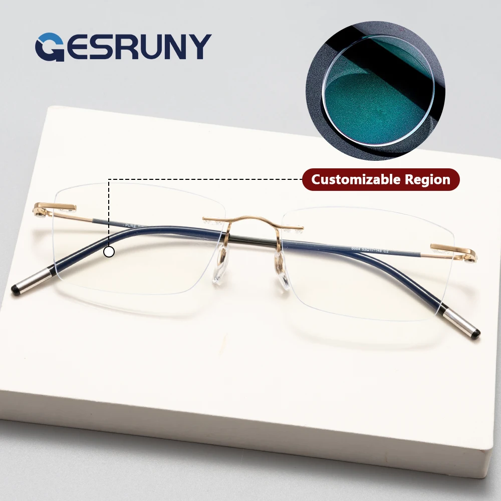 

Gesruny Rimless Titanium Eyeglasses Ultra Lightweight Square Frame Business Style Myopia Prescription Glasses For Women Men