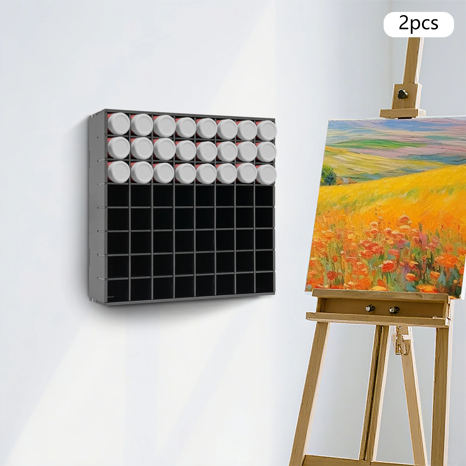 64 Grid Paint Organizer Storage Rack 2 Pack Wall-mounted Paint Bottle Holder 33LBS Load for Spray Cans/Markers/Art Tools