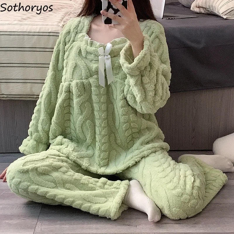 Pajama Sets Jacquard Plush Dormitory Sweet Winter Korean Fashion Bow Design Homewear Trendy Cute Warm Sleepwear Daily Slouchy