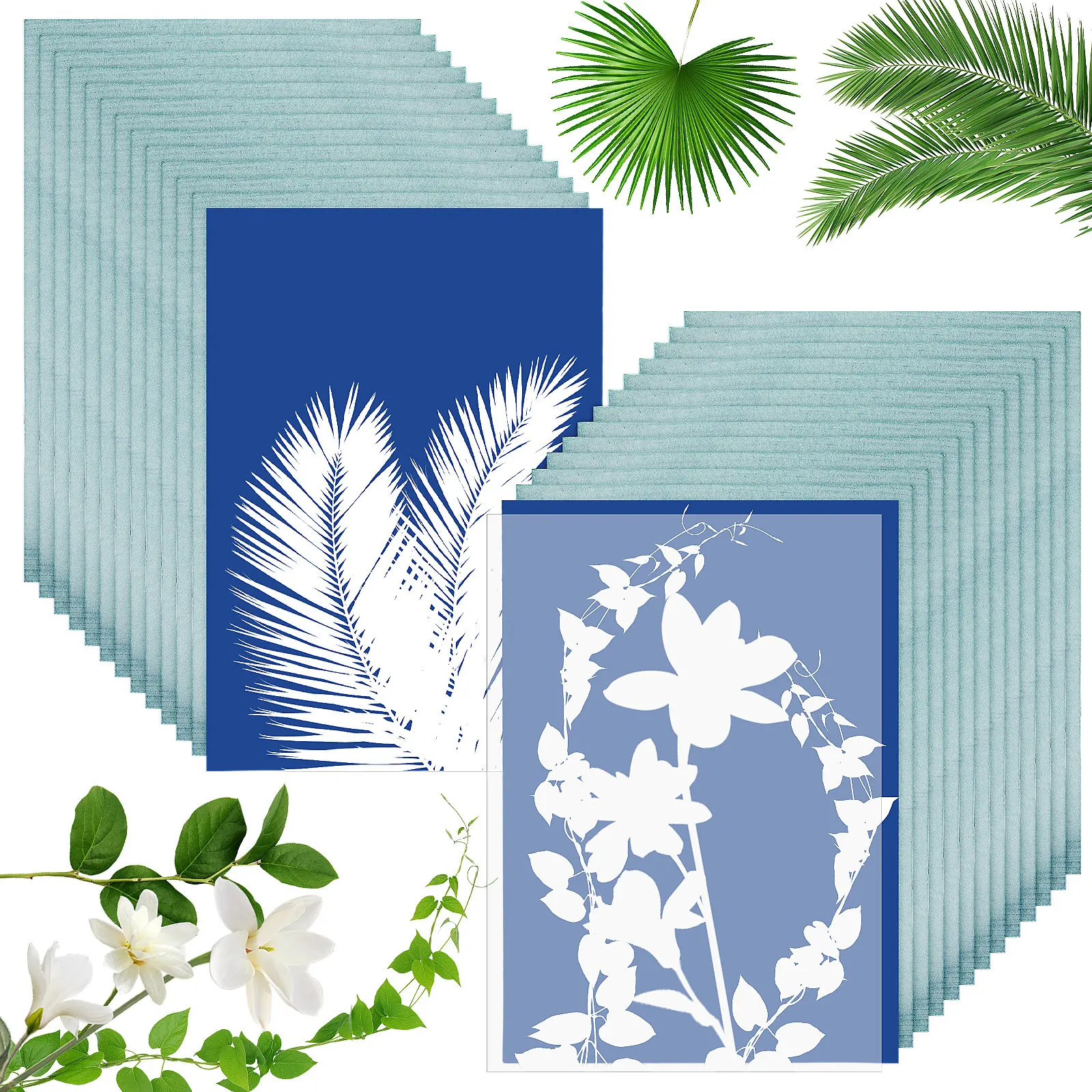 32Sheets Cyanotype Paper Light Solar Print Paper Sun Activated DIY Sun Art Supplies Transparency Panel Cyanotype Kit
