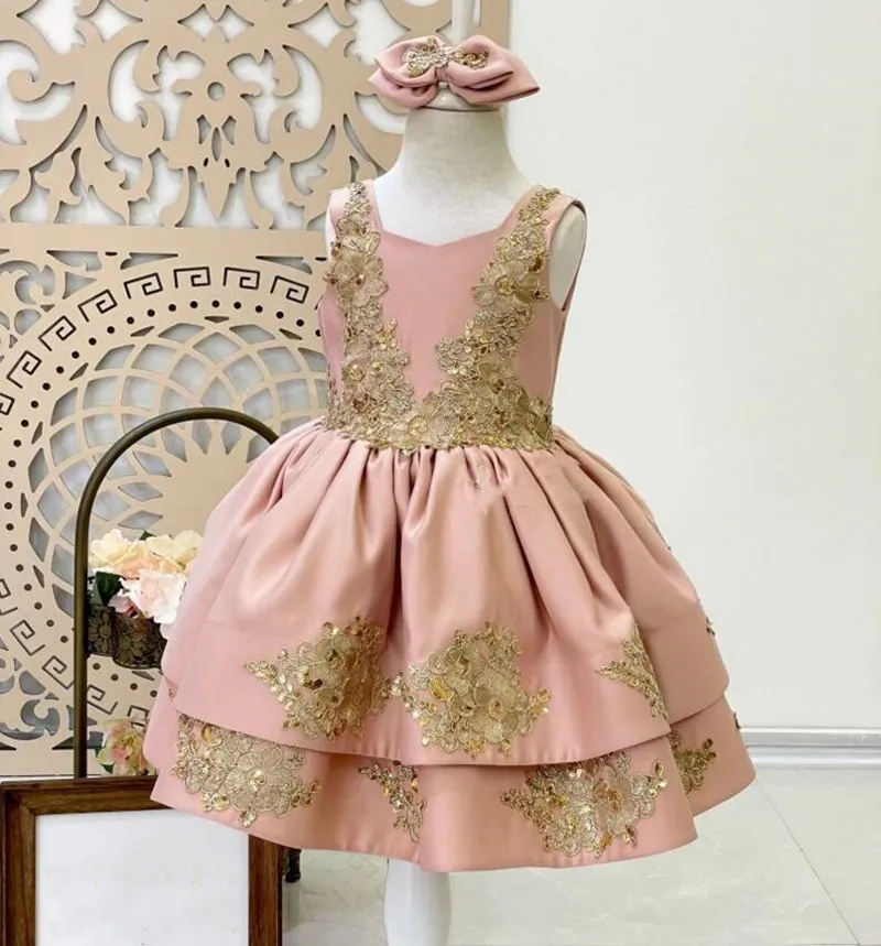 

Shiny Pink Satin Flower Girl Dress Toddler Baby Girl Dress Gold Appliques Knee Length Birthday First Communion Photography