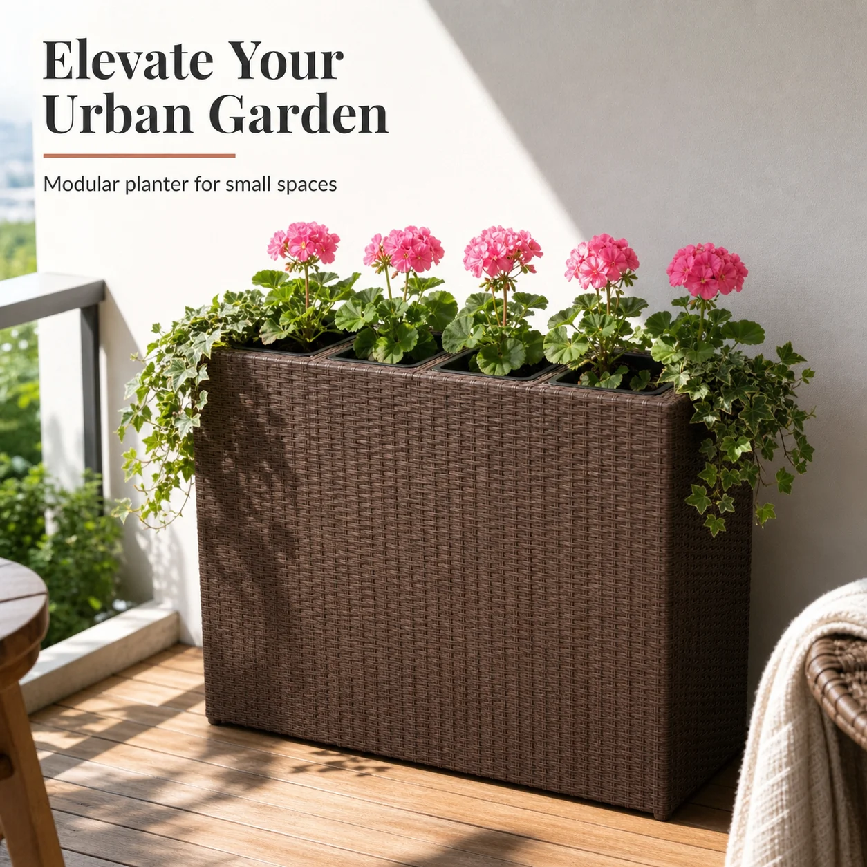 Jardinière surélevée en polyrotin avec 4 pots marron - Bac à plantes surélevé pour extérieur, en osier durable, support pour pots de fleurs à 4 niveaux