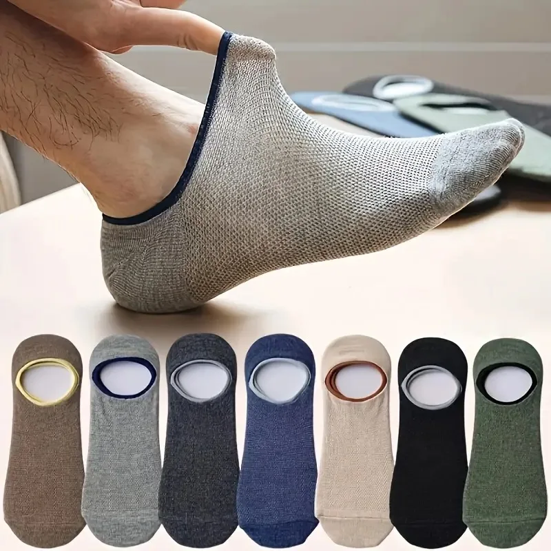 7 pares de calcetines invisibles de malla fina para primavera y verano, calcetines náuticos antideslizantes de silicona de Color sólido a juego con boca poco profunda para hombre