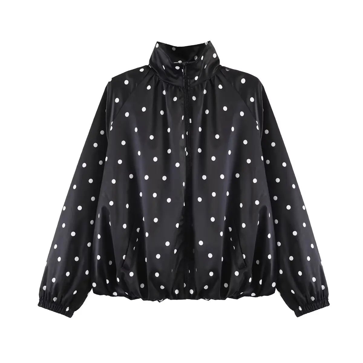 

Withered Black Polka Dot Print Short Jacket, Women's Stand Up Collar, Loose Casual Style Versatile Jacket Woman Clothes Tops