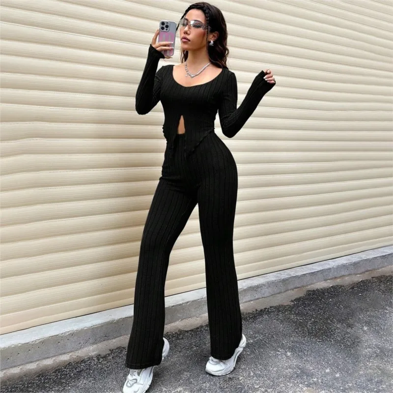 Casual Long Sleeve Knitted Suit High Waist Slim Fit Trousers Office Women Fashion Elegant Slim Fit Top Trousers 2 Piece Suit