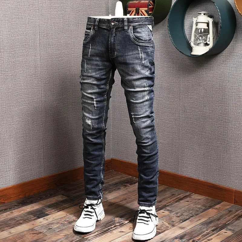 

Новые дизайнерские модные мужские джинсы в стиле ретро черные синие Эластичные зауженные рваные джинсы мужские брюки винтажные повседневные джинсовые брюки для мужчин