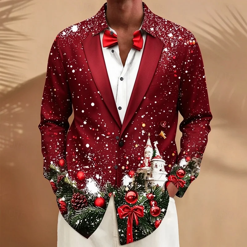 Men's Shirt 2026 New Christmas Men's Shirt Christmas Snow Scene 3D Printed Long Sleeve Collar Suit Holiday Party Dressing XS-6XL