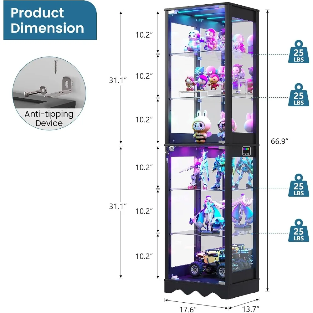 6 Tier Glass Display Cabinet with RGB Lights, Tall Curio Shelf for Living Room Bedroom Office