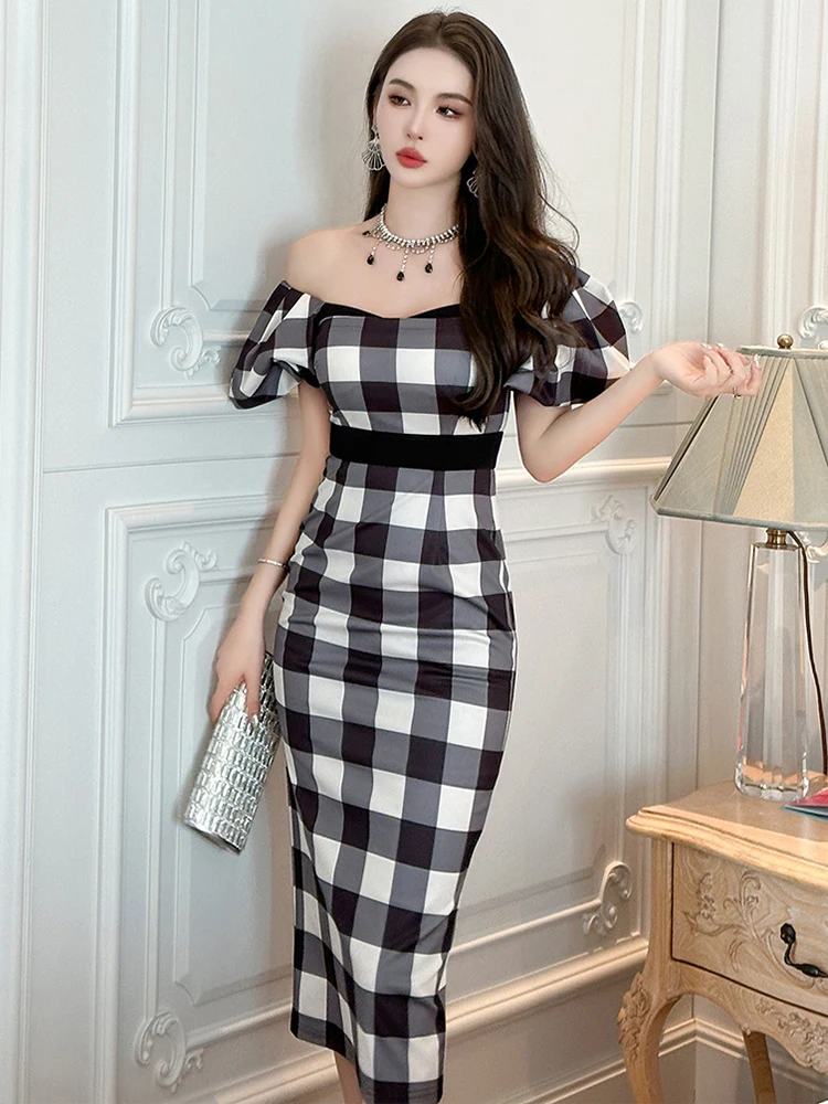 Sweet Elegant Midi Dress for Women Green Pink Black Bubble Sleeve High Waist Wrap Hip Robe Femme Party Holiday Street Vestidos
