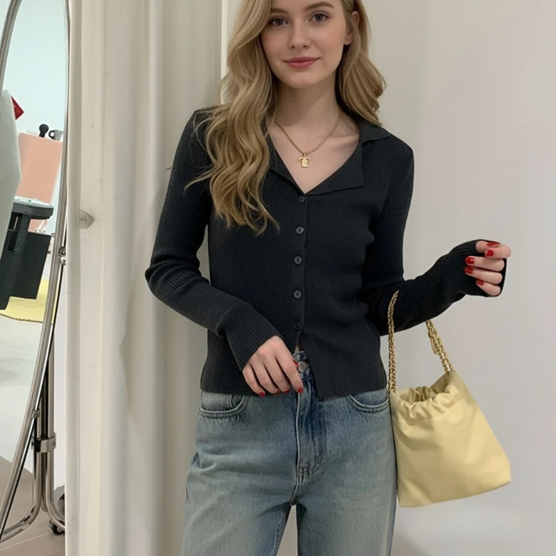 

Осенне-зимний женский кардиган с лацканами, свитер с длинными рукавами, элегантный облегающий однобортный повседневный трикотаж, нижняя рубашка