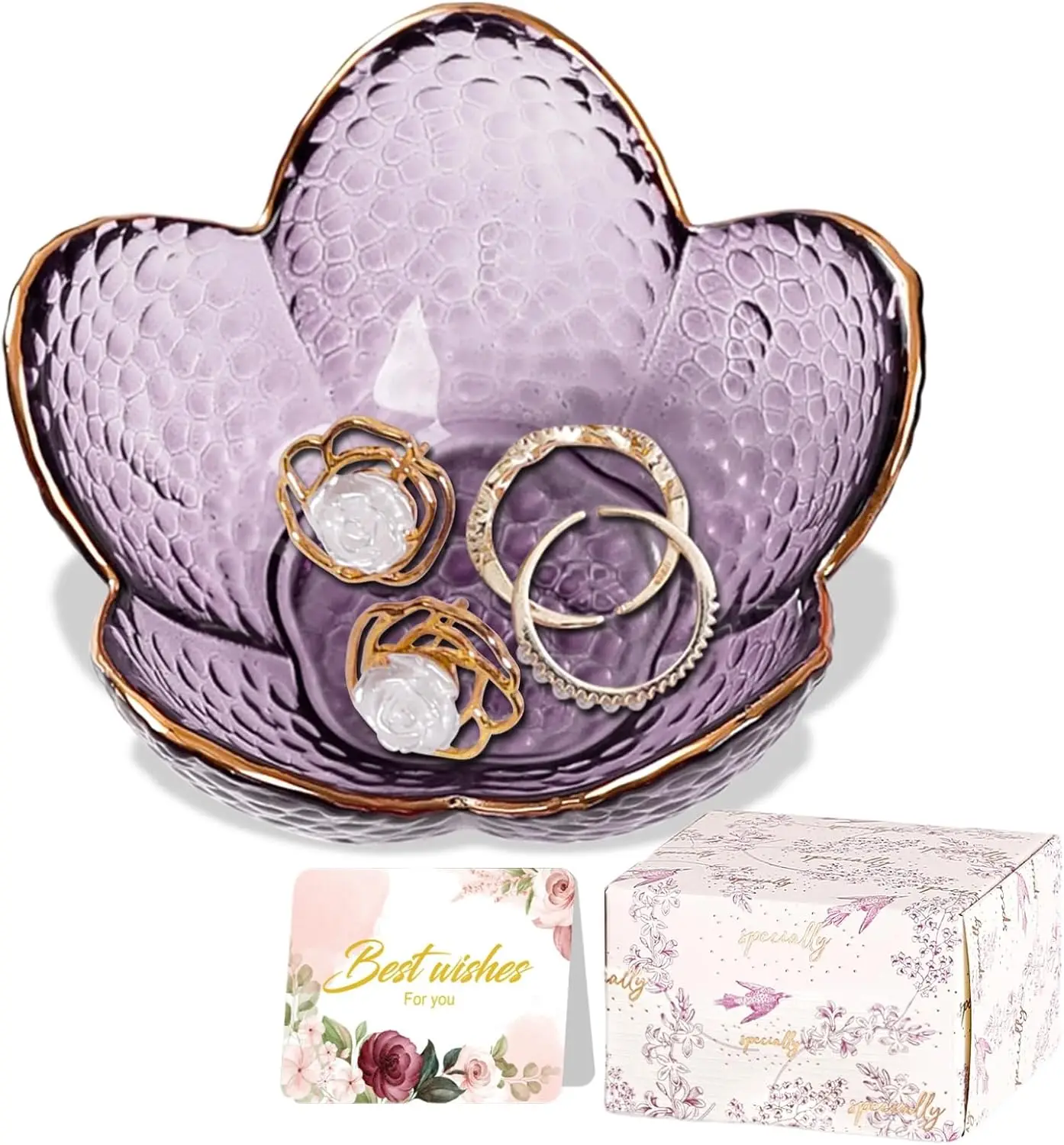 Flower Jewelry Dish Glass Ring Holder Dish Jewelry Tray Cute Vanity Organizer Aesthetic Nightstand Bathroom Room