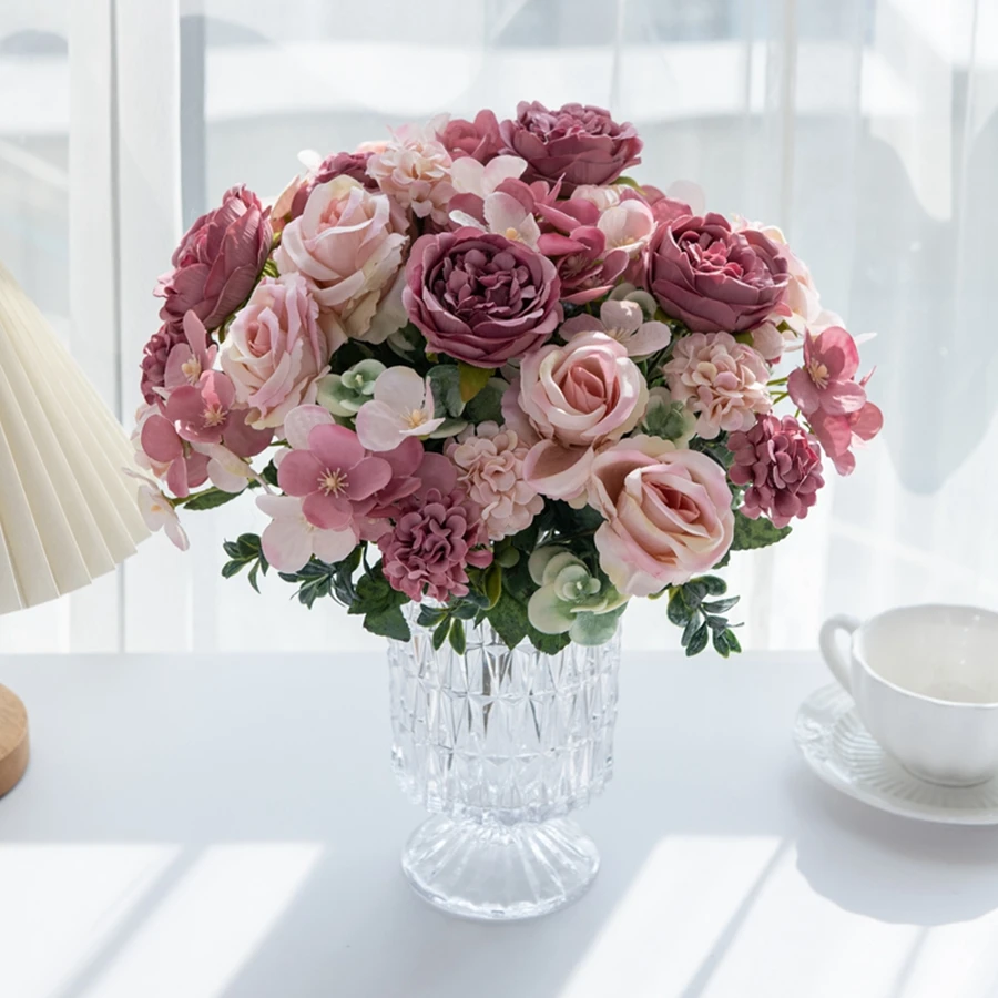Artificial Flowers 7 Fork Silk Rose Peony Hydrangea Festival Wreath Decor Wedding Wreath Home Room Table DIY Craft Accessories