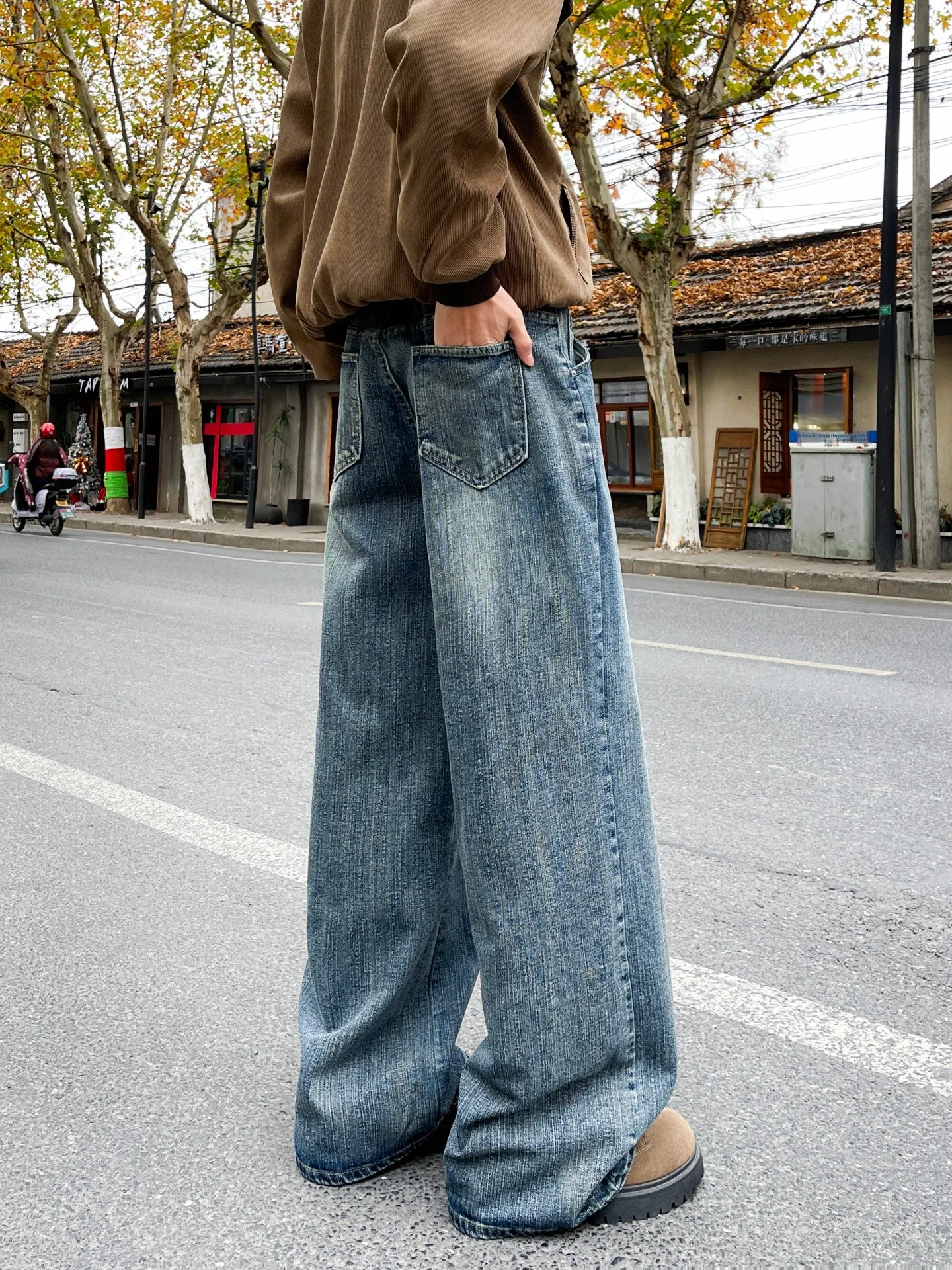 American Style Embroidered Bamboo Node Pattern Loose Wide Leg Jeans Men's High Street Vibe CleanFit Straight Knife Pants