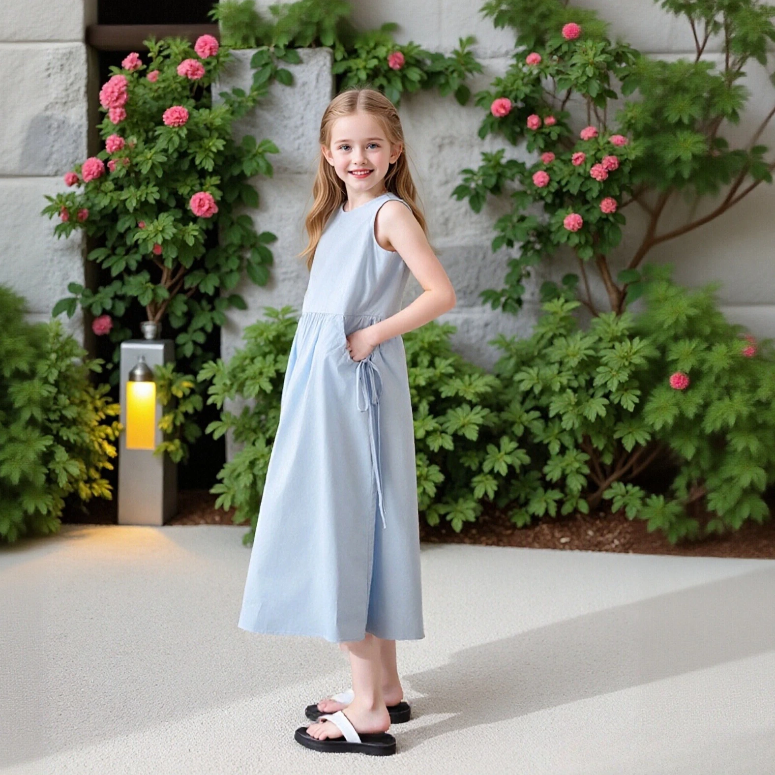

School Teen Girls Minimalist Summer Dress Vest Pocket Drawstring A-Line Dress for Big Kids Daily Holiday Outfit Casual Wear