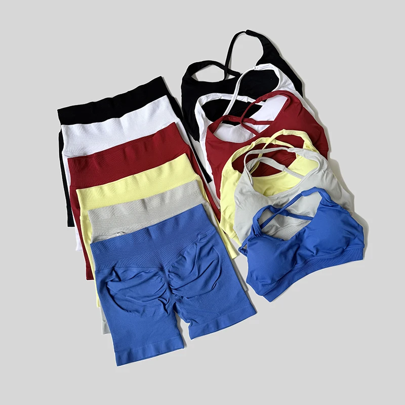 Einfarbig Bike Gym Set Kurze Kreuz Zurück Sport-Bh Workout Outfit Sportlich Frauen Gym Anzug Training Laufen Trainingsanzug