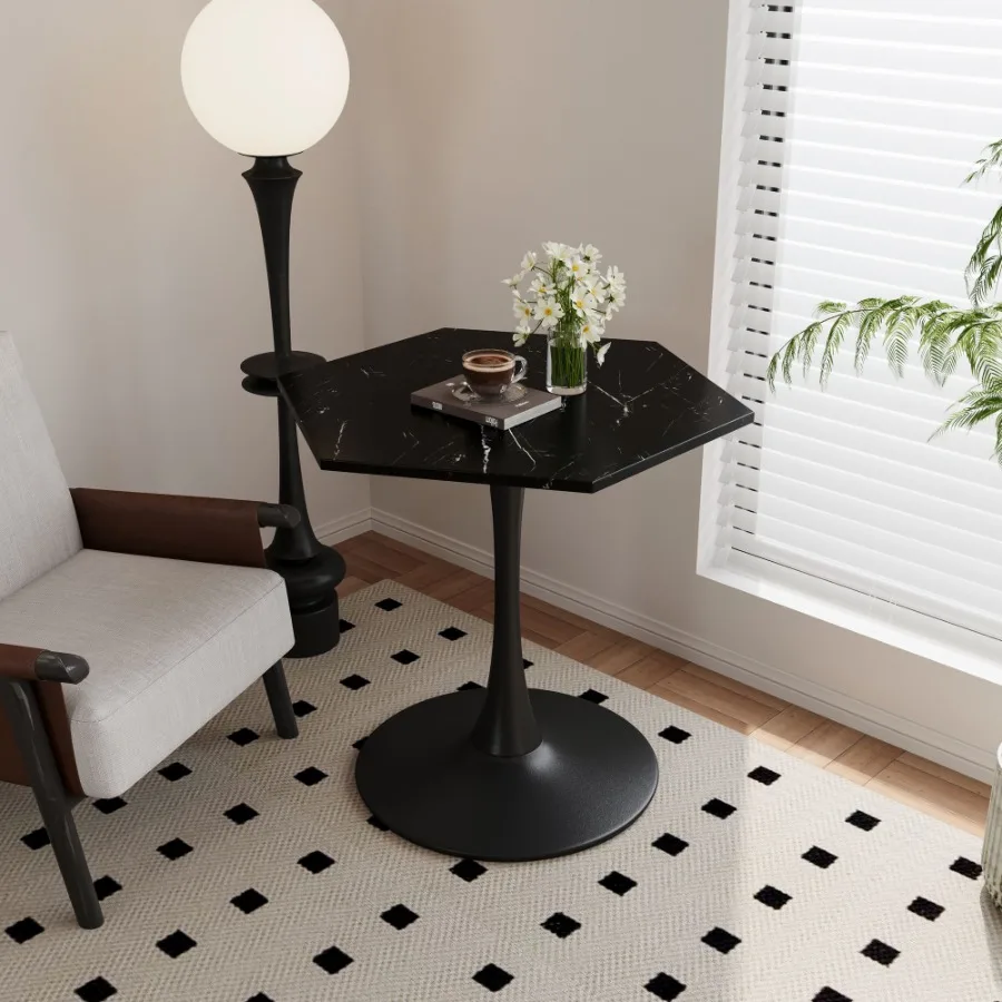 

31.50Modern Hexagonal Coffee Table with Printed Black Marble Table Top Metal Base for Dining Room Kitchen Living Room