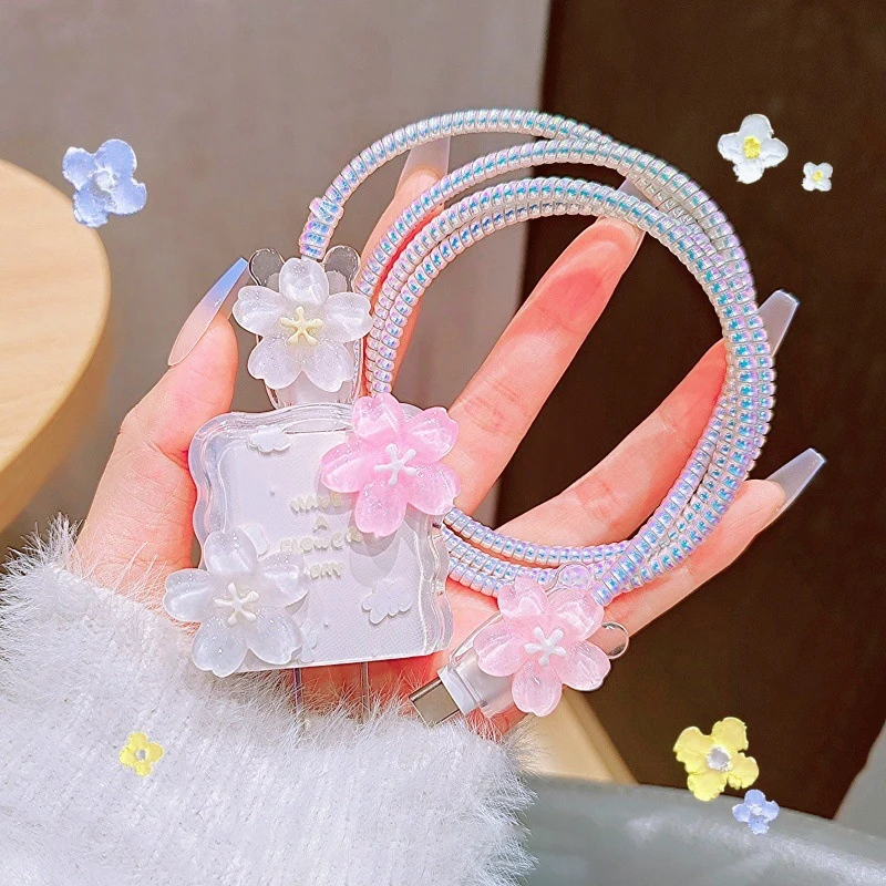 Flower Transparent USB 20W Phone Charger Protective Case With Cable Winder Cover For IPhone Power Adapter Protector