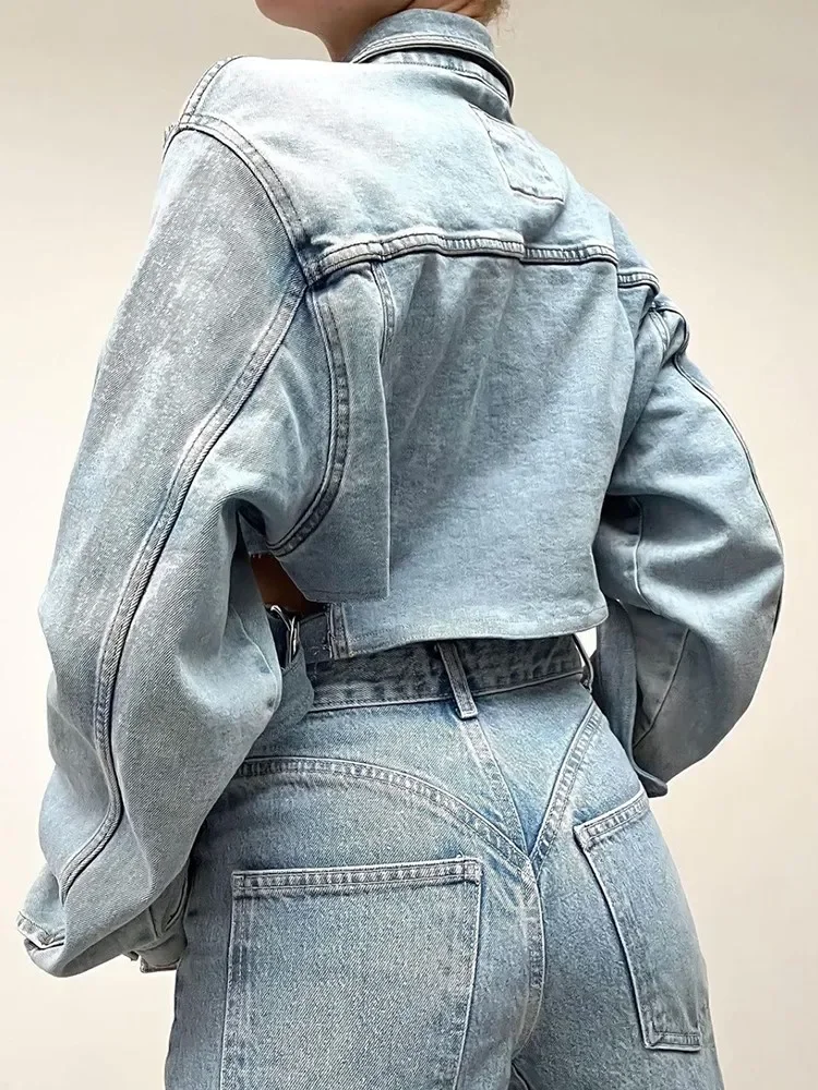 Solid Hollow Out Irregular Denim Coat for Women Lapel Long Sleeve Patchwork Single Breasted Streetwear Coats Female