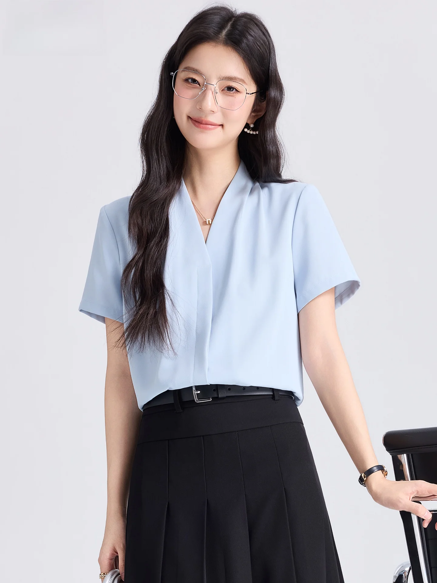 

Light Blue V-Neck Short Sleeve Women's Shirt Chiffon Professional No-Collar Blouse Commute Style Anti-Wrinkle Thin Polyester