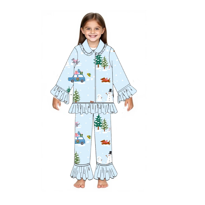 طقم بيجامات على طراز عطلة للأطفال للأولاد والبنات عيد الميلاد pjs بأكمام طويلة مطبوع عليه شجرة عيد الميلاد حرير الحليب بالجملة