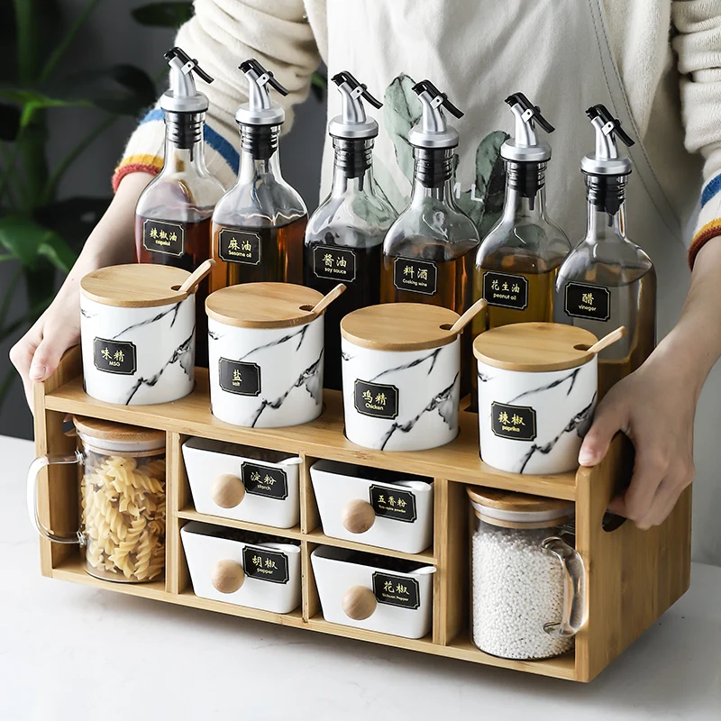 ‌‌Scandinavian Spice Rack, Leakproof Spice Container Set, Oil & Vinegar Dispenser with Stand, Stylish Kitchen Storage
