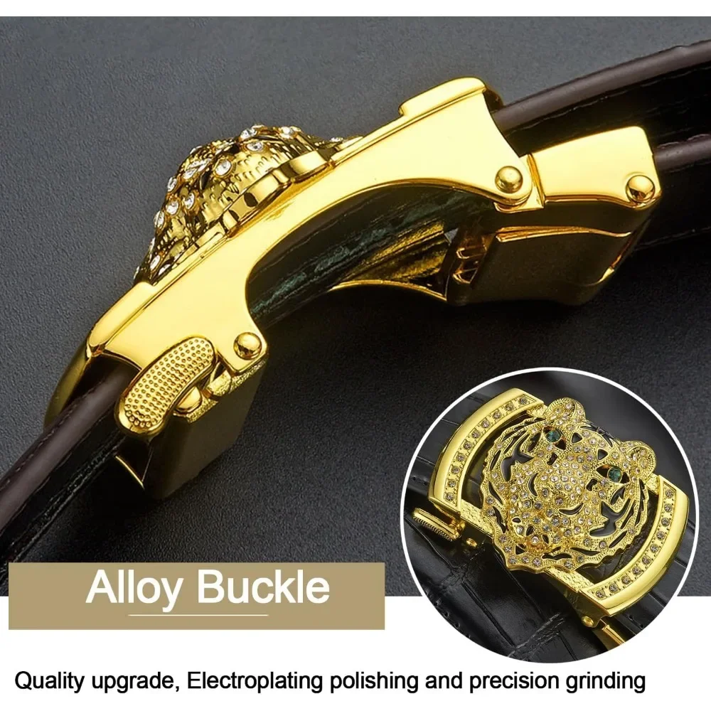 Мужской ремень Gold Tiger Head с автоматической пряжкой из сплава, кожаный мужской ремень, горка для легкой регулировки ремня, обрезка для посадки