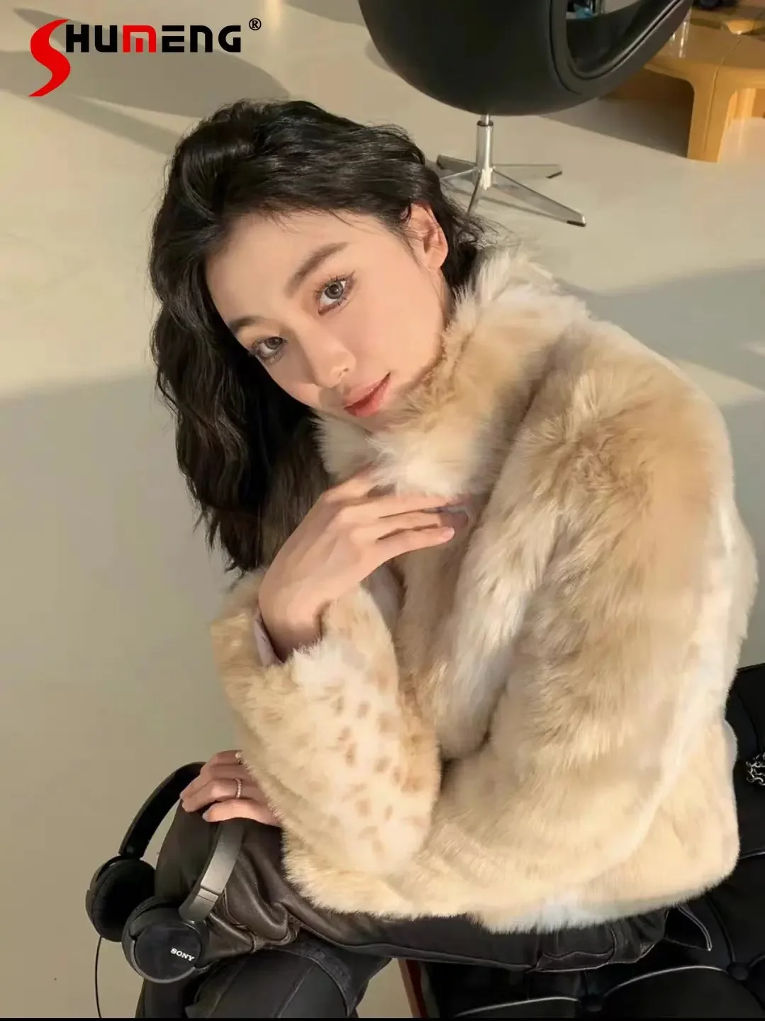 

Autumn and Winter Environmental Protection Fur Coat Women's Imitation Fox Fur Leopard Print Short Clothes Stand Collar Jacket