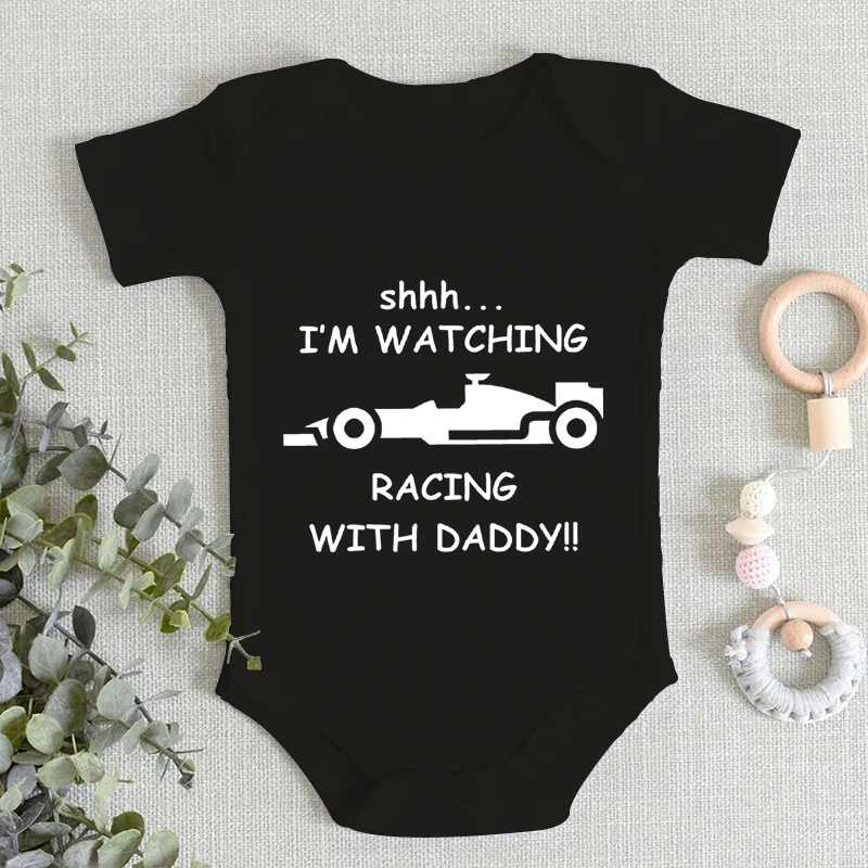 Baby Boy Bodysuits I\'m Watching Racing with Daddy Print Romper Short Sleeve 100% Cotton Funny Racing Pattern Newborn Jumpsuits