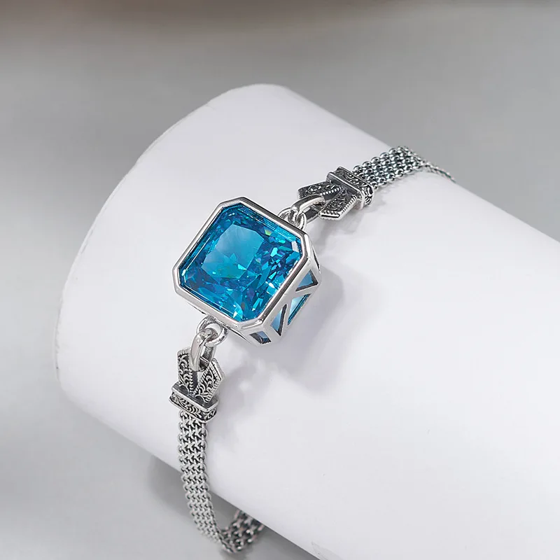 S925 Sterling Silver Bracelets for Women New Fashion Tangent Plane Square Sea-blue Zircon Weaven-chain Jewelry Free Shipping