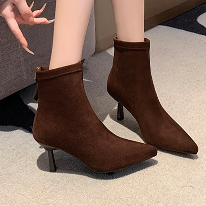 

Pointed Toe Women's Ankle Boots High Heels Suede Luxury Shoes 2025 Fashion Winter Boots New Dress Designer Pumps Mujer Botas