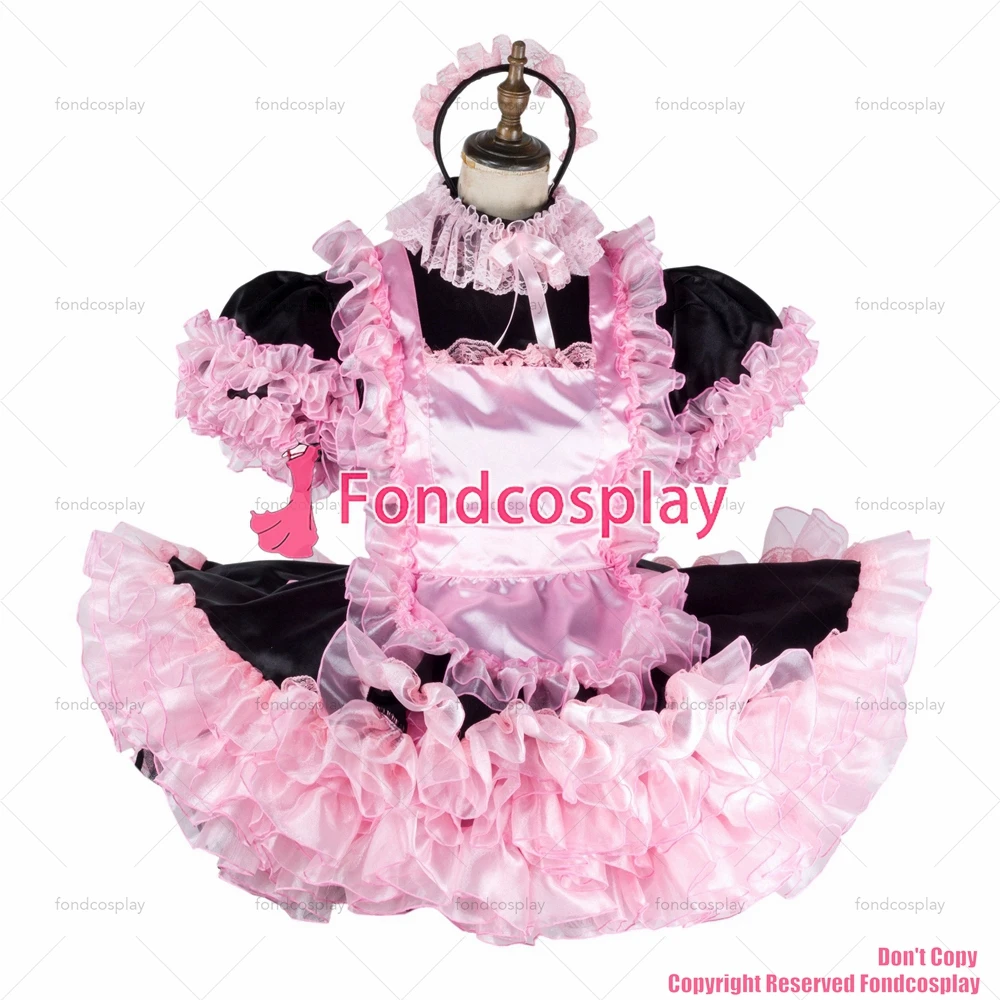 fondcosplay adult sexy cross dressing sissy maid short black satin dress lockable pink organza Uniform CD/TV[G2045]