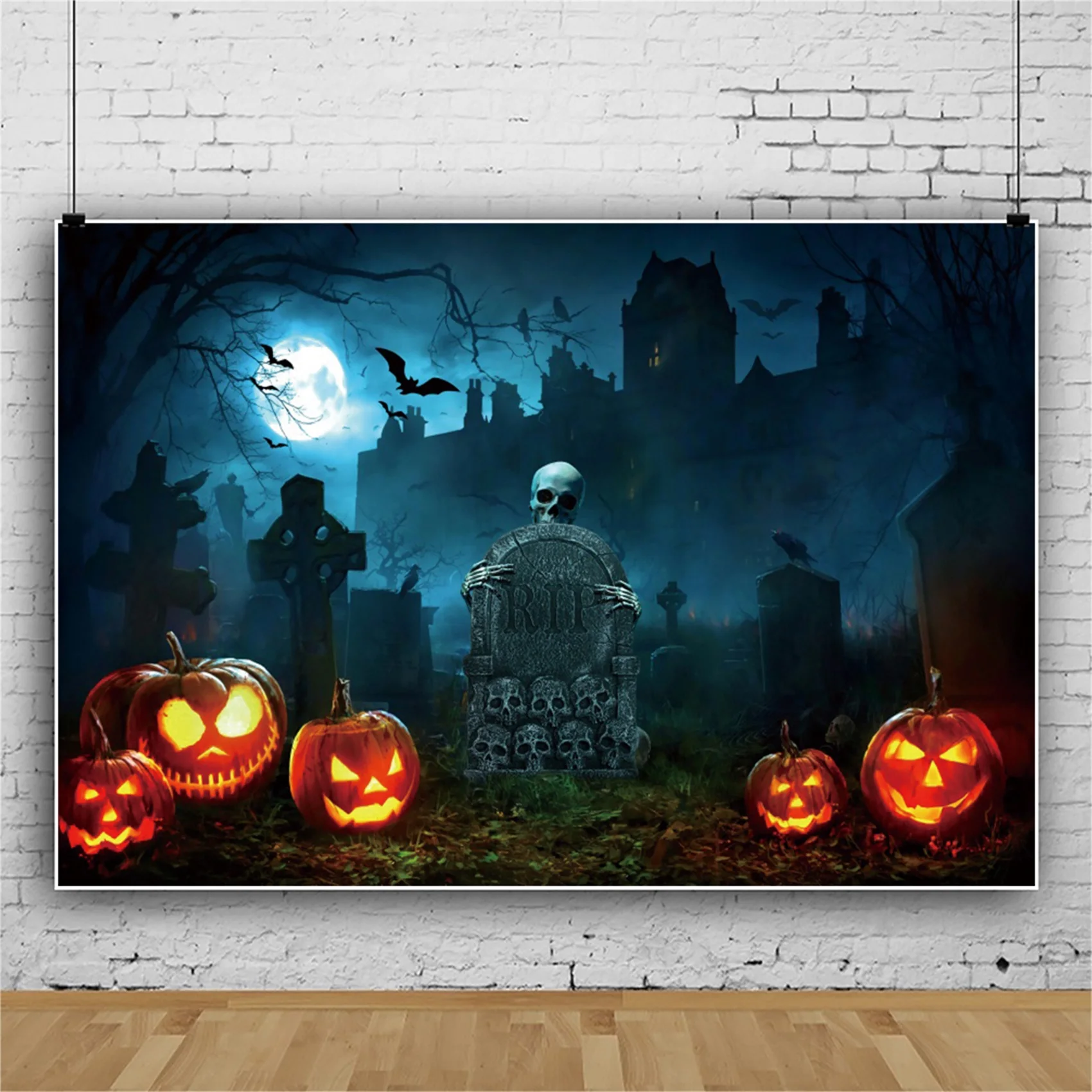 Halloween Night Pumpkin Skeleton Photography Backdrop Castle Tombstone Cemetery Skull Moon Baby Portrait Background Photo Studio