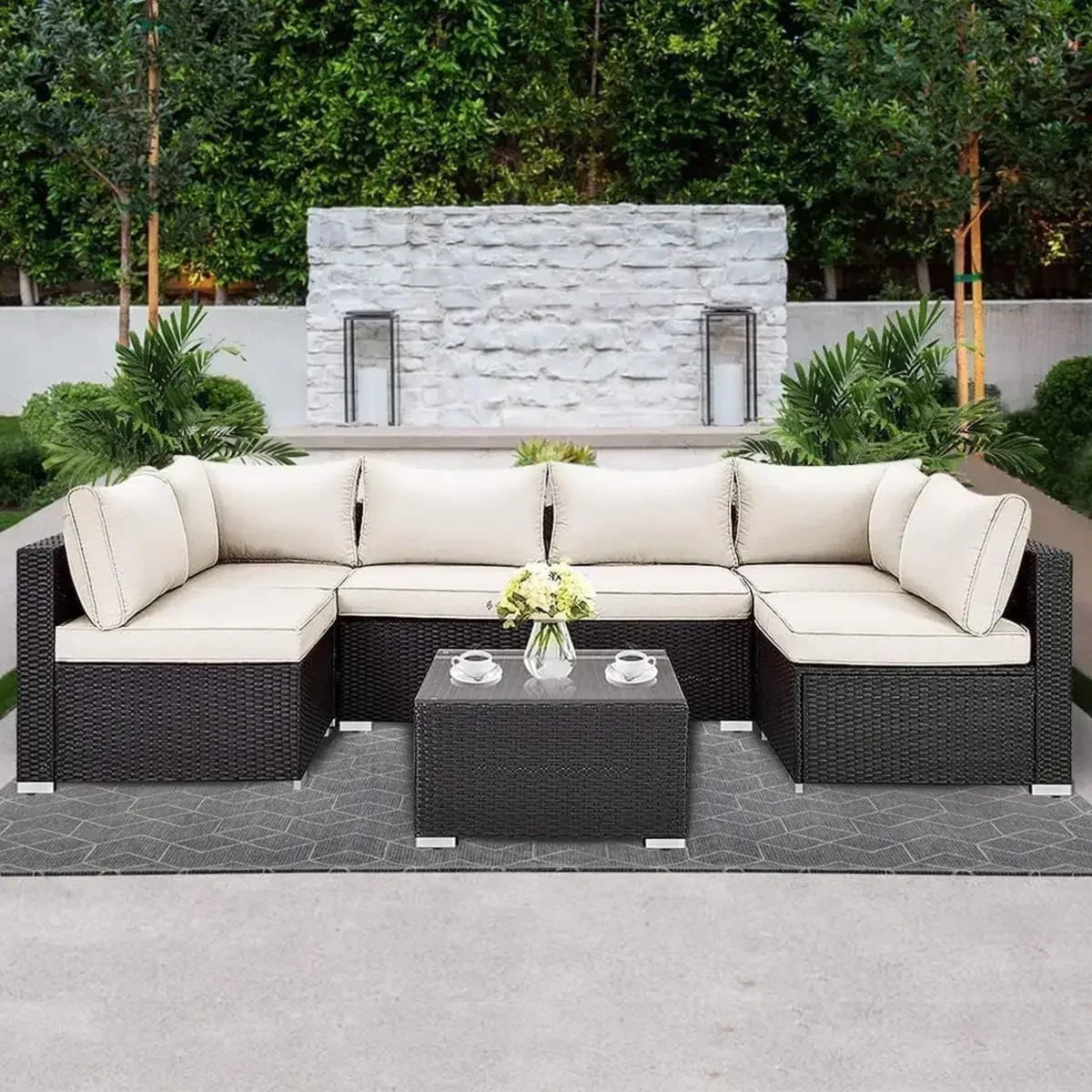 （XMSJ-Hot）7-Piece Patio Furniture Set, PE Rattan Outdoor   All Weather  Sectional Conversation Sets with 6