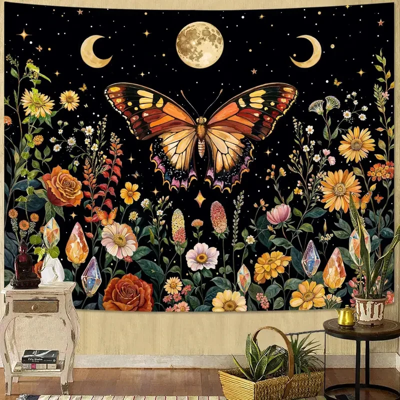 VIKAMA Wandteppich mit Mondphasen-Schmetterlingen, floralem und kristallinem Himmelsmotiv, Wandbehang für Schlafzimmer, Wohnzimmer, Heimdekoration