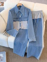 2024 Vintage Women Patchwork Denim Jacket Pant Sets Long Sleeve Cropped Coat+High Waist Wide Leg Pants Streetwear Suit