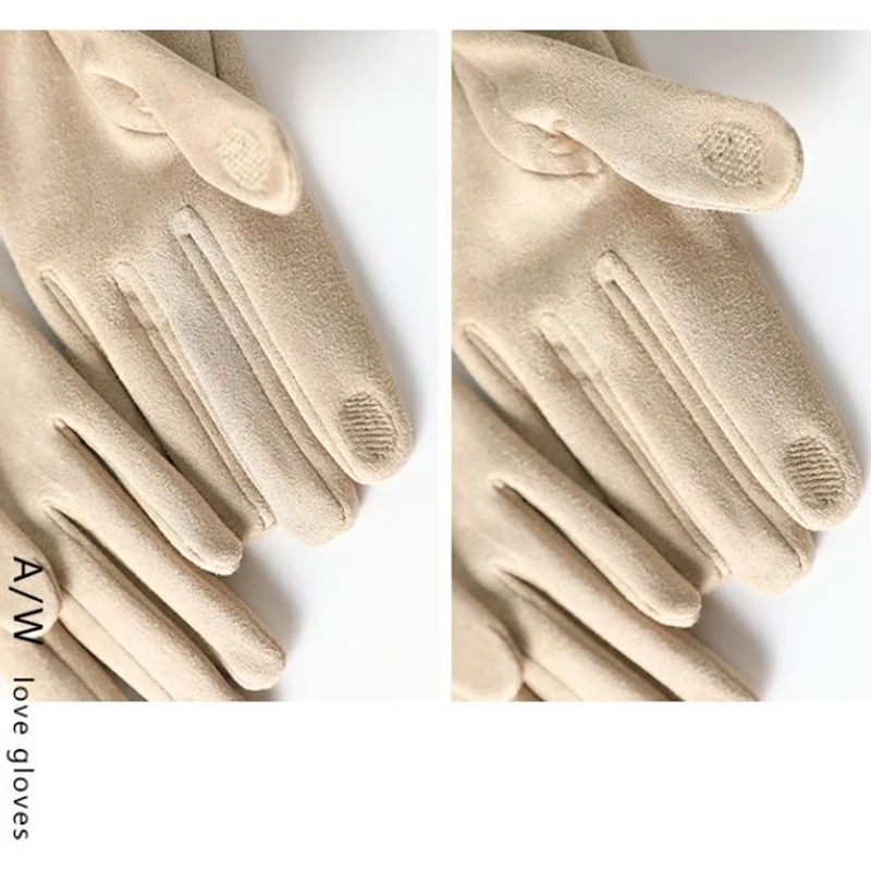 Guantes de gamuza con bola de pelo para mujer, manoplas cálidas con pantalla táctil, moda elegante, temperamento, sólido, Simple, para ciclismo, Otoño e Invierno