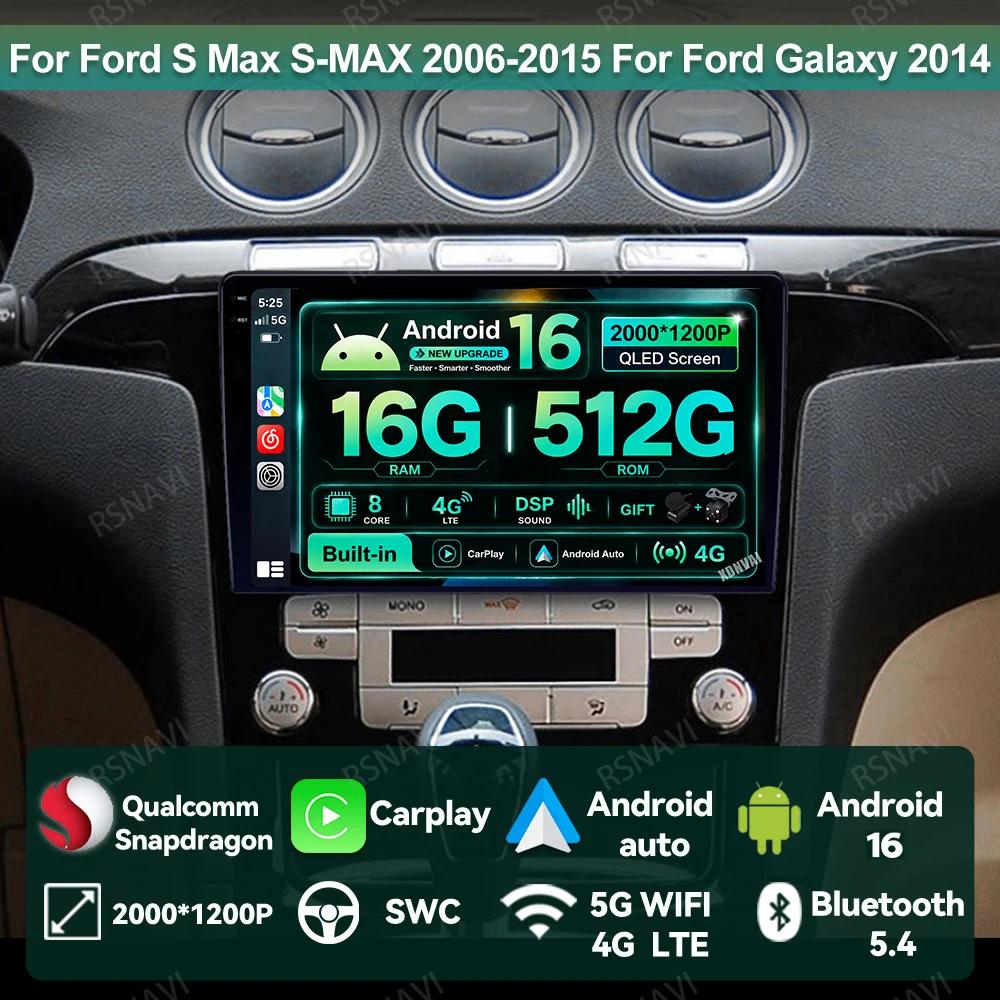 Rádio Automotivo Android 16 para Ford S-Max 2006-2015 e Ford Galaxy 2014, Central Multimídia com DVD, QLED, Navegação, GPS e Bluetooth.