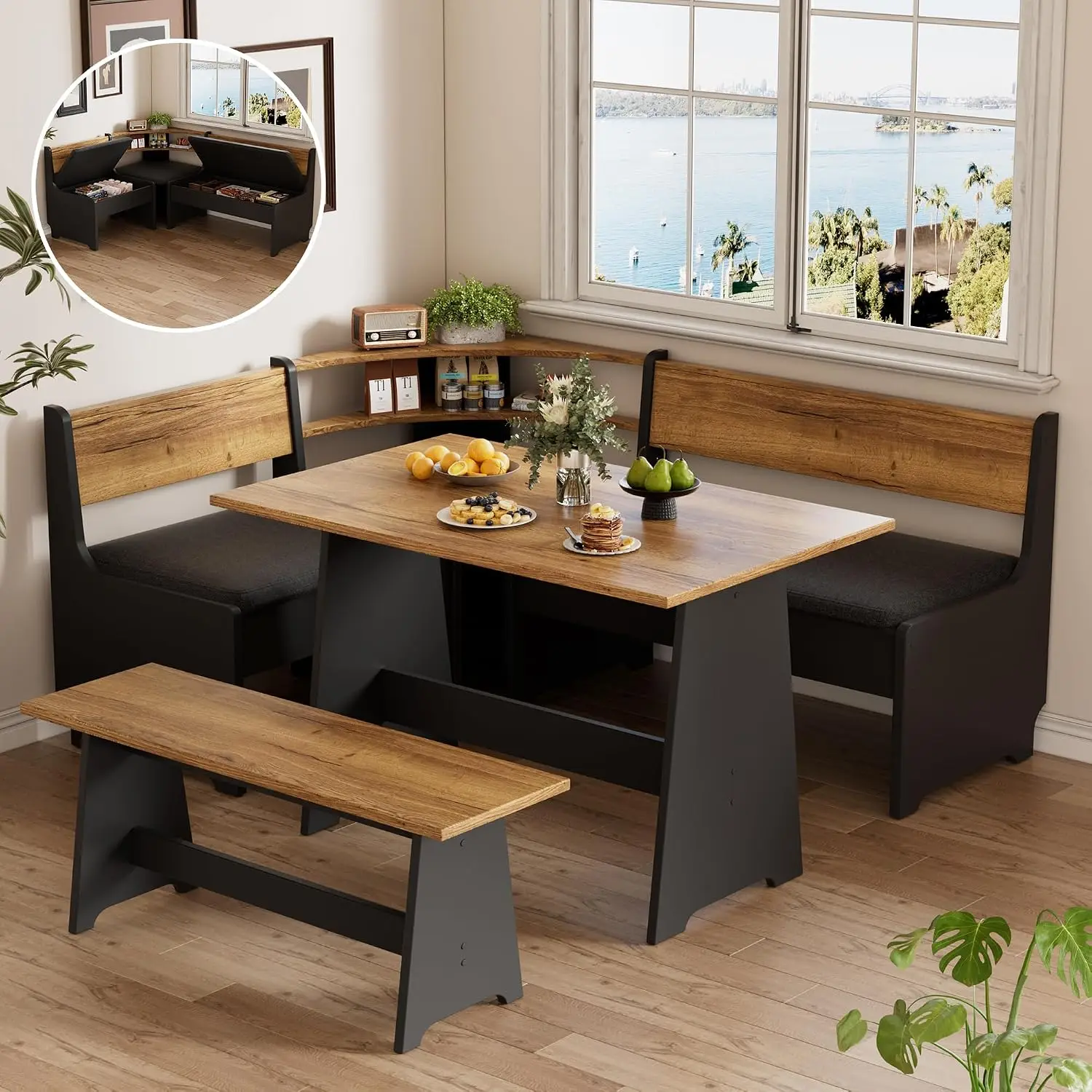 L-Shape Kitchen Dining Table Set with Storage Bench & Cushion, Farmhouse Wood Breakfast Nook for Corner, Black, Customized