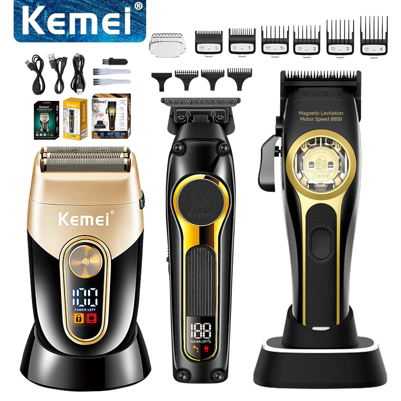 Kemei المهنية مقص الشعر الكهربائية عدة قابلة للشحن الشعر المتقلب مع قاعدة شحن ماكينة حلاقة للرجال KM-3209 KM-2373 KM-2351