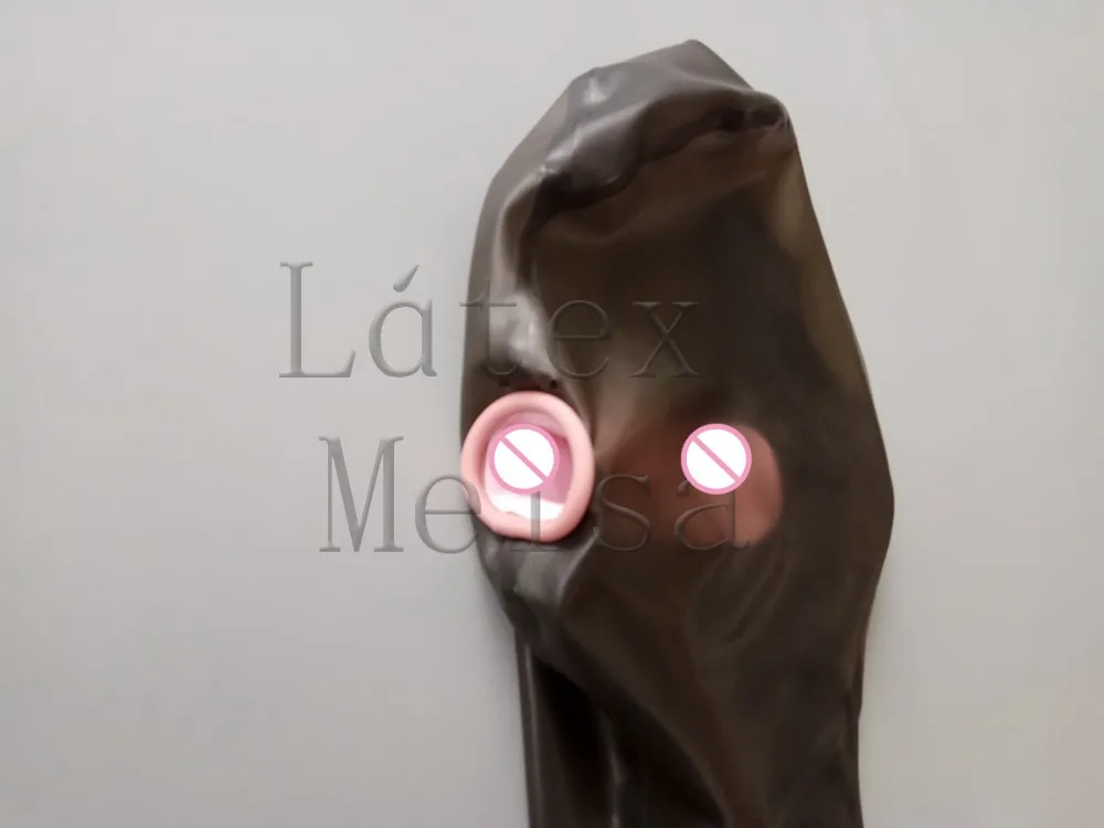 Transparent black latex hoods mask including mouth con dom without back zipper for adults