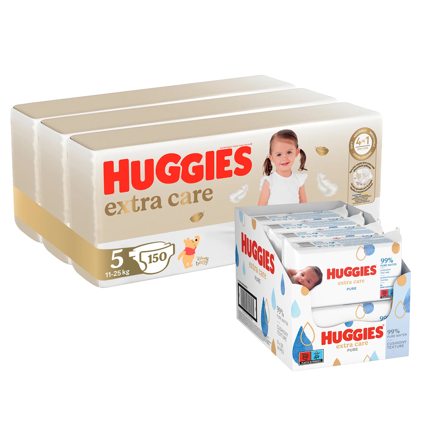 HUGGIES Extra Care nappies Mega 5 150 PCs + Pure Extra Care Wet Wipes 448 PCs